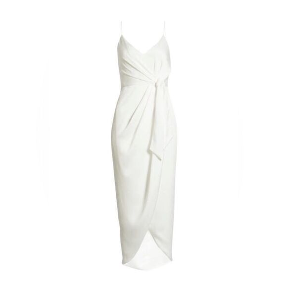 Shona Joy White Satin Lux Tie Front Cocktail Midi Dress - Picture 5 of 12